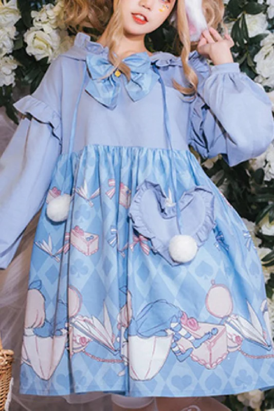 Blue Lantern Long Sleeves Alice Rabbit Print Hooded Cute Sweet Lolita OP Dress Cottagecore floral dresses