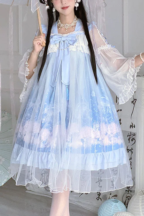 Blue Marine Jellyfish Print Bowknot Long Sleeves Ruffled Chinese Style Sweet Lolita Dress Y2K floral dresses