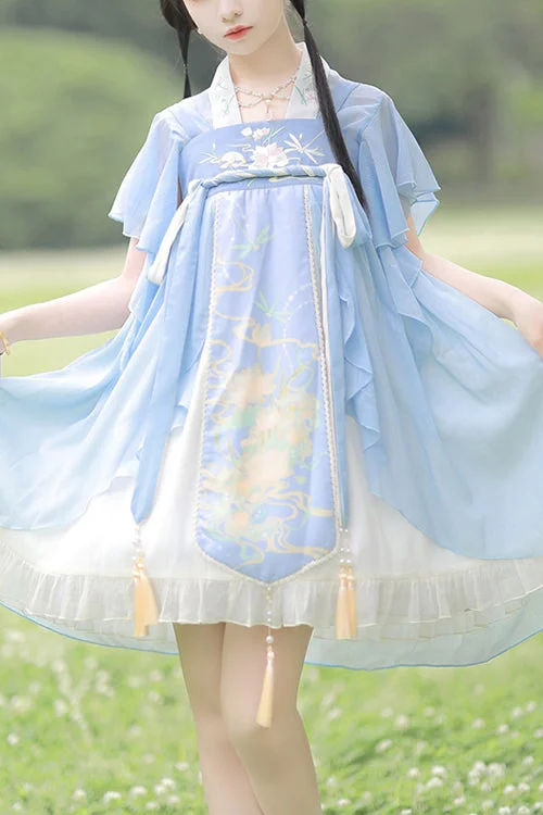 Blue Neckline Embroidered Lotus Print Sweet Lolita Dress Full Set Party floral dresses