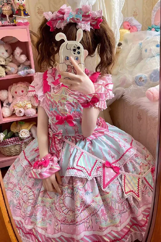 Blue/Pink Candy Park Print Ruffle Bowknot Sweet Lolita Jsk Dress Cute floral print summer dresses