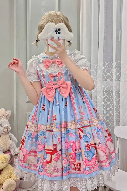 Blue/Pink Doll Playground Print Ruffle Bowknot Sweet Lolita Jsk Dress Hot new arrivals in floral dresses