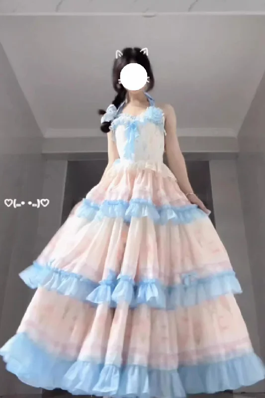 Blue/Pink [Meet the Sea] Triple-Layered Print Backless Ruffle Sweet Lolita Dress Flattering floral dresses for all body types