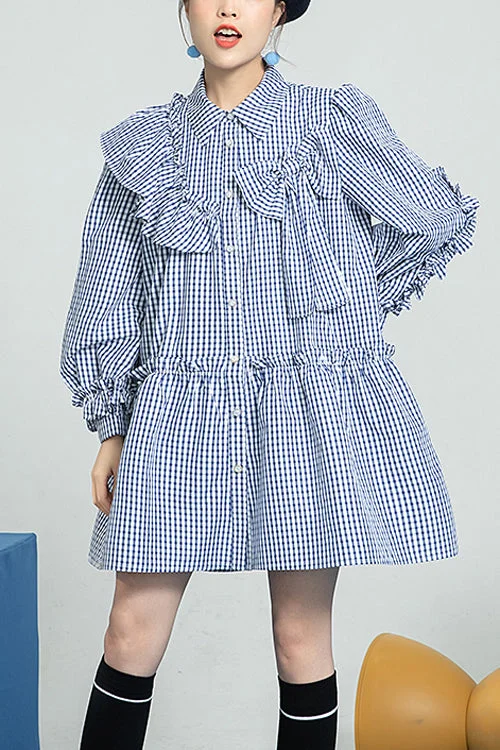 Blue Plaid Print Bow Ruffled Long Sleeves Single Breasted Sweet Lolita OP Dress Summer floral dresses