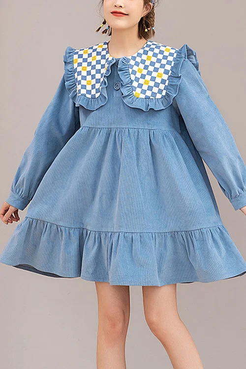 Blue Plaid Print Doll Collar Long Sleeves Ruffled Corduroy Sweet Lolita OP Dress Spring floral dresses