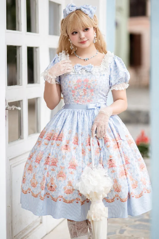 Blue [Rose Garden Rabbit] Print Ruffle Bowknot Sweet Lolita Dress Best floral dresses for elegant looks