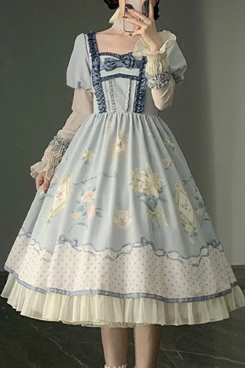 Blue Ruffled Square Collar Floral Print Puff Long Sleeve High Waist Sweet Lolita OP Dress Floral dresses under $100