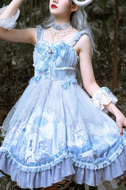 Blue Ruffled Stitching Seam 3D Print Sweet Lolita JSK Dress Elegant floral dresses