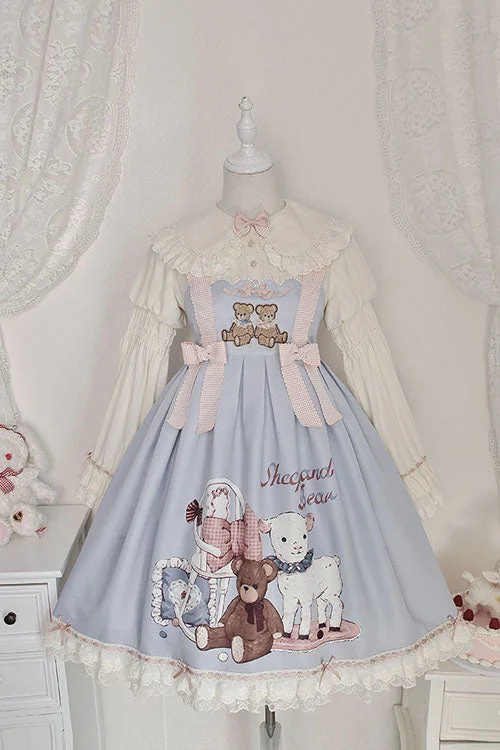 Blue Sheep & Bear Print Alice Girl Bowknot Ruffled Sweet Lolita JSK Dress Formal floral dresses