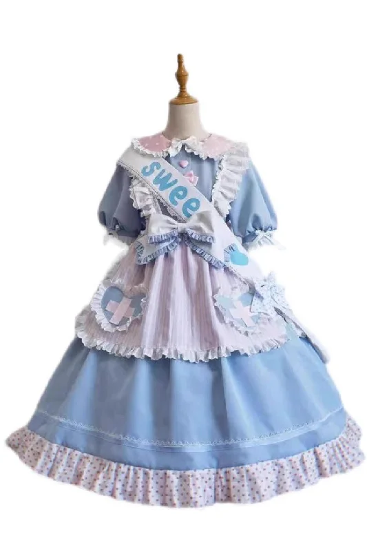 Blue Short Sleeves Love Redemption Print Ruffle Bowknot Lolita Dress Velvet floral dresses