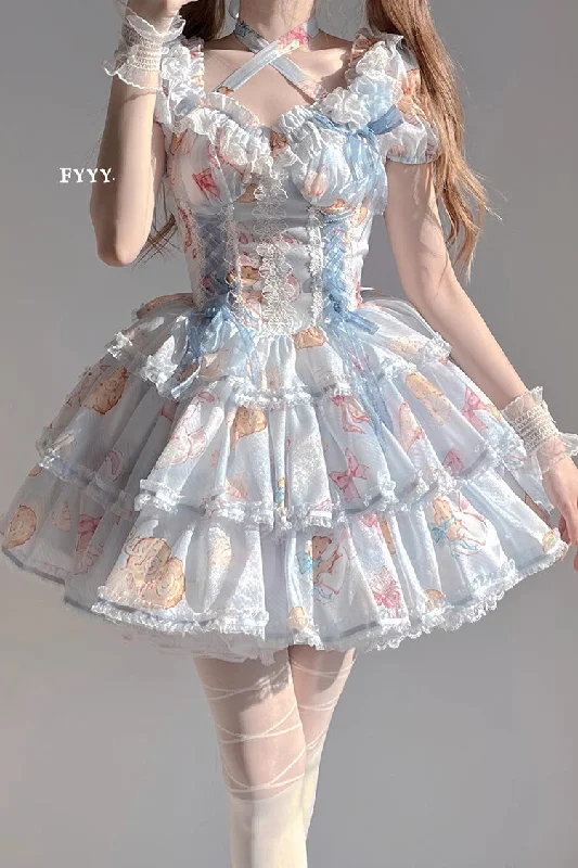 Blue Short Sleeves Multi-layer Cookie Bunny Print Bowknot Sweet Lolita Dress Designer floral dresses