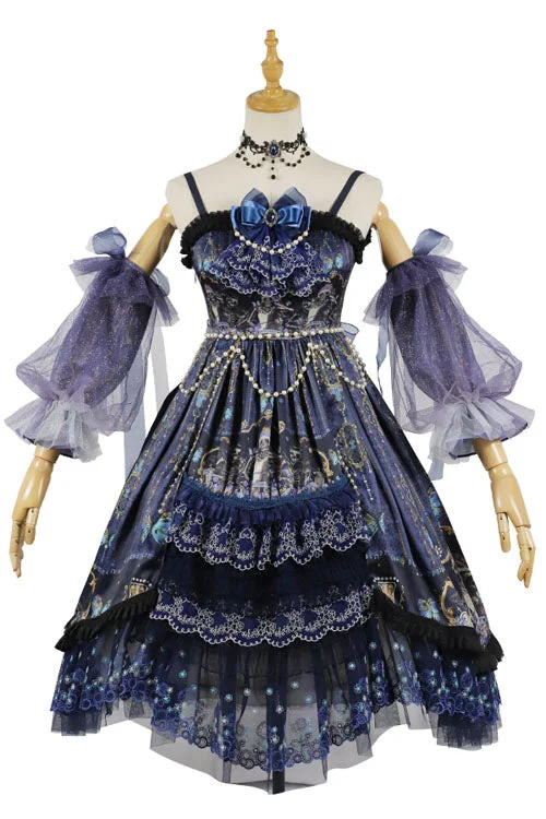 Blue Skull Print Hanayome Bowknot Pearl Chain Multi-Layer Ruffled Gothic Lolita JSK Tiered Dress Romantic floral dresses