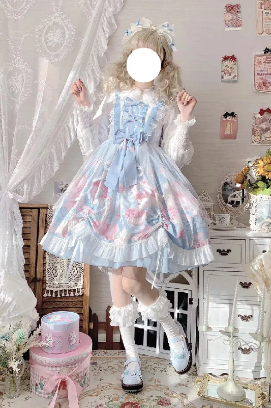 Blue Sleeveless High Waisted Rabbit Print Ruffle Bowknot Sweet Lolita Jsk Dress Lace floral dresses