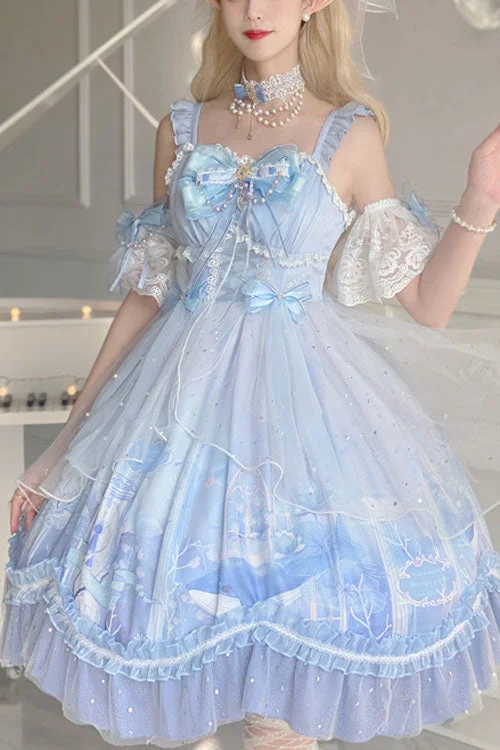 Blue Whale In The Ocean Print Bowknot Princess Multi-Layer Ruffled Sweet Lolita JSK Dress Brunch floral dresses