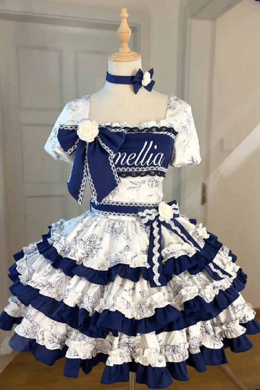 Blue/White Porcelain Print Multi-layer Ruffle Embroidery Bowknot Sweet Lolita Dress Women's floral dresses