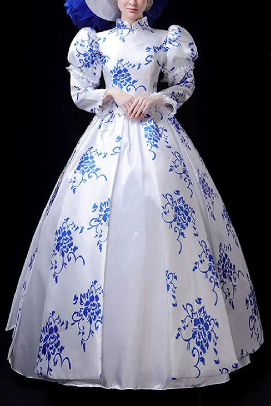 Blue/White Porcelain Printing Stand Collar High Waisted Victorian Lolita Prom Dress Retro floral dresses