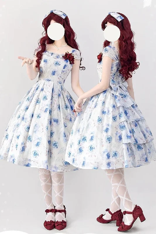 Blue/White Rose Print [Forest Basket] Bowknot Sweet Elegant Lolita Jsk Dress Comfortable floral dresses for everyday wear