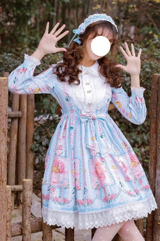 Blueberry Berries Print Long Sleeves Bowknot Sweet Princess Lolita Dress 4 Colors Plus size floral dresses