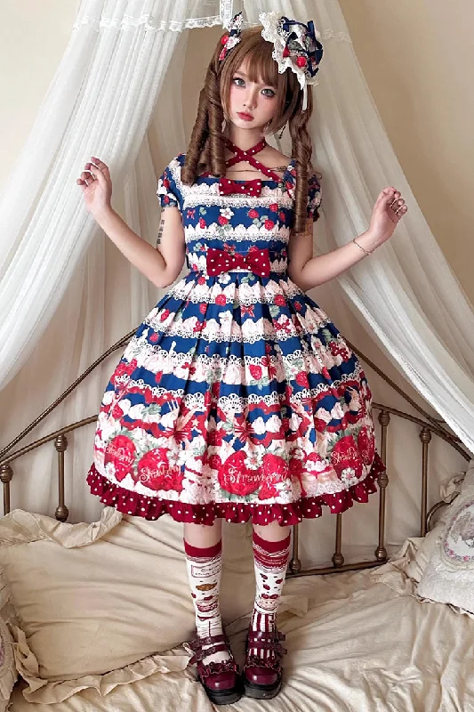 Cream Berry Fairy Red/Blue Short Sleeves Print Ruffle Bowknot Sweet Lolita Dress Best floral dresses for tall women