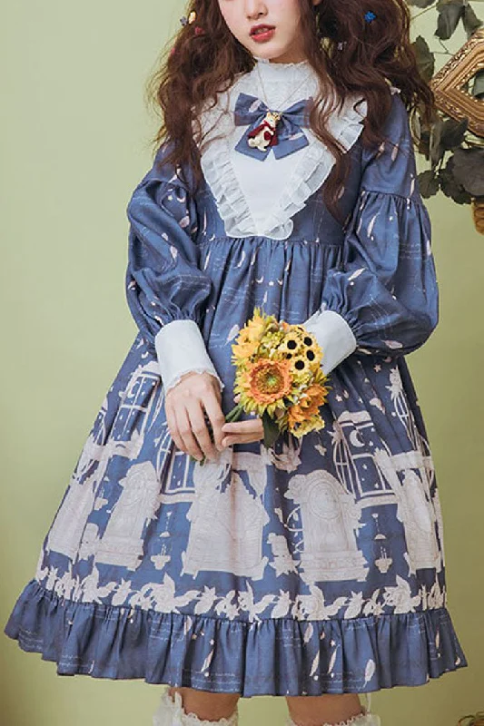 Dark Blue Classical Alarm Clock Print Long Sleeve Bowknot Sweet Lolita Op Dress Stretchy floral dresses