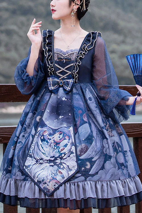 Dark Blue Unicorn Print Long Sleeves High Waisted Ruffled Classic Lolita OP Dress Boho floral dresses