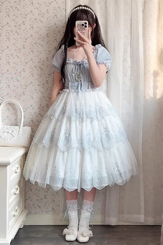 Light Blue Flower Promise Short Sleeves Multi-layer Print Sweet Elegant Princess Lolita Dress Petite floral dresses