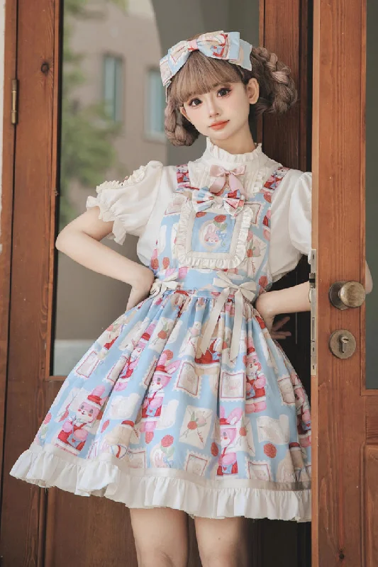 Light Blue [Letter from Showa] Rabbit and letter Print Ruffle Bowknot Sweet Princess Lolita Strap Dress Best floral dresses for curvy figures