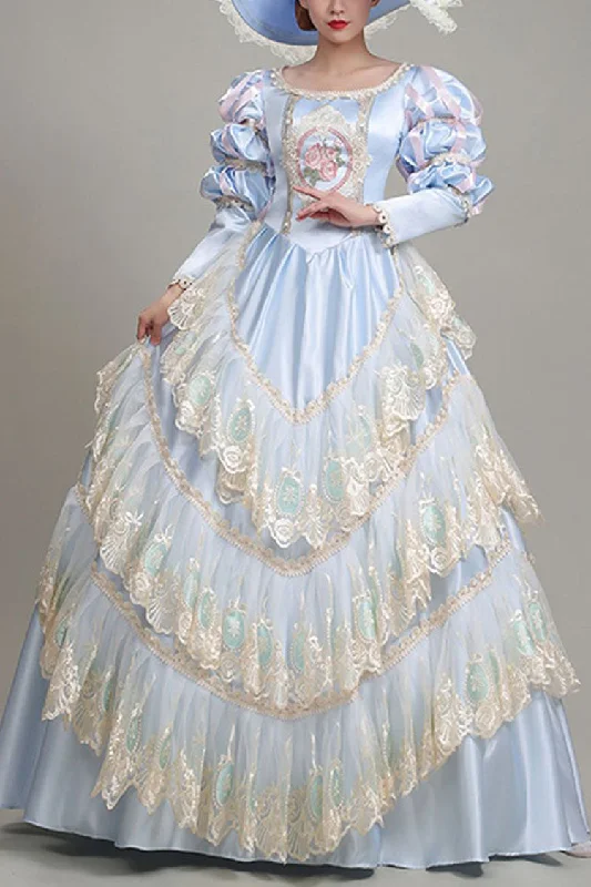 Light Blue Long Sleeves Multi-Layer Lace Stitching High Waisted Hollow Embroidery Floral Print Victorian Lolita Prom Dress Preppy floral dresses