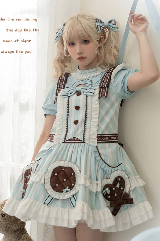 Light Blue Sea Salt Cookies Short Sleeves Print Ruffle Bowknot Sweet Lolita Dress Cotton floral dresses