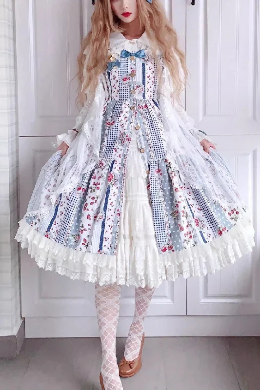 Light Blue Strawberry Plaid Print Bowknot Sleeveless Ruffle Sweet Lolita Dress Budget-friendly floral dresses