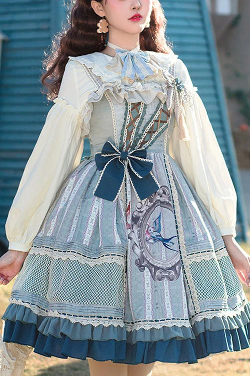 Light Blue Vintage Finches In The Mirror Print Country Style Bowknot Multi-Layer Ruffled Classic Lolita JSK Dress Vacation floral dresses