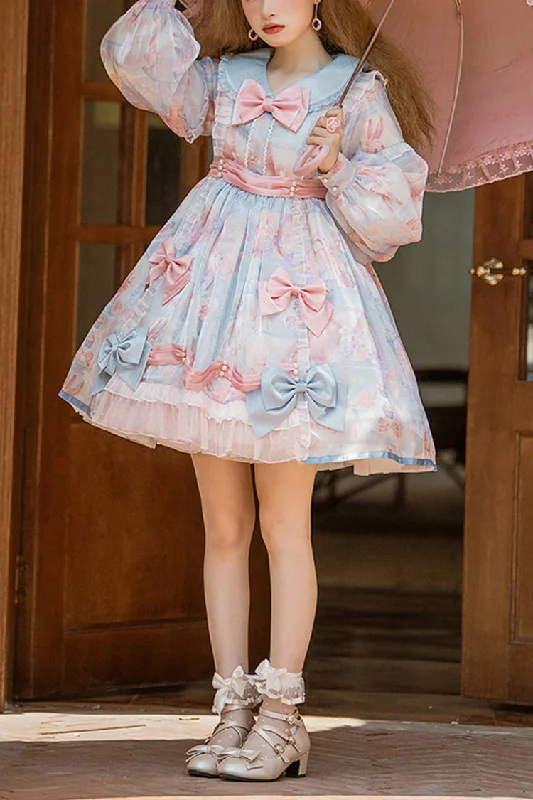 Pink/Blue Doll Collar Long Sleeves Rabbit Candy Paper Print High Waisted Sweet Lolita OP Dress Discounted floral dresses