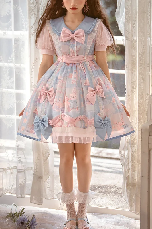 Pink/Blue Doll Collar Short Sleeves Rabbit Candy Paper Print High Waisted Sweet Lolita OP Dress Expensive floral dresses