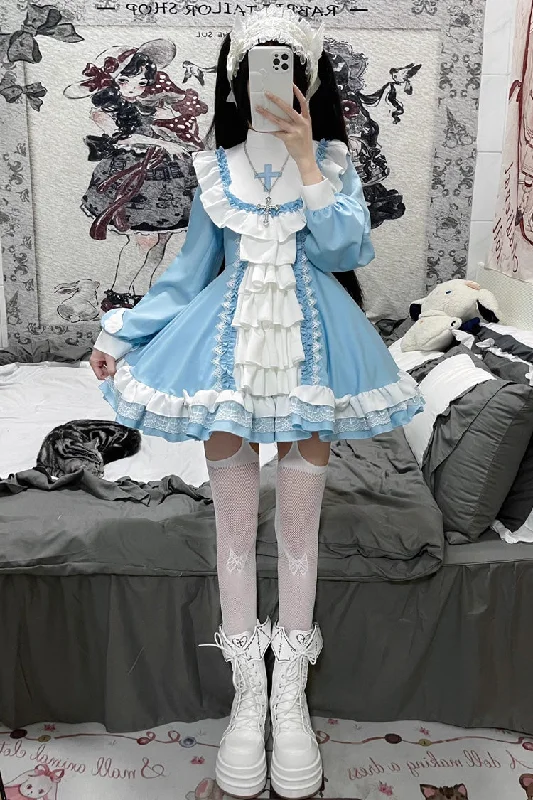 White/Blue Long Sleeves Multi-layer Cross Print Nun Style Ruffle Sweet Lolita Dress Linen floral dresses