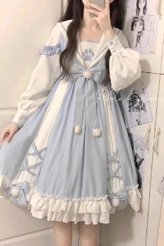 White/Blue Navy Collar Long Sleeves Print Ruffle Bowknot Sweet Princess Lolita Dress Chiffon floral dresses