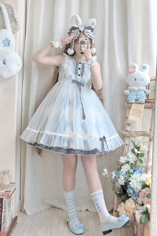 White/Blue Sleeveless Diamond Plaid Print Bowknot Alice Sweet Lolita JSK Dress Organza floral dresses