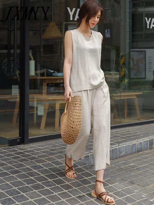 2023 Summer Products Round Neck Slit Vest Top Slit Nine Points Wide Leg Culottes Two-Piece Simple Casual Suit Linen Office unclassified dresses