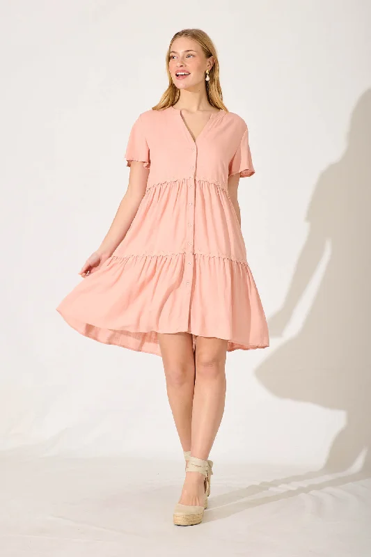 Aloha Smock Dress In Blush With Ric Rac Trim Linen Blend Breathable unclassified dresses