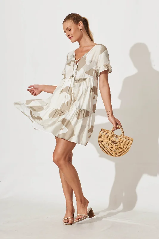 Anderson Smock Dress In Khaki Geometric Print Linen Blend Dark color unclassified dresses