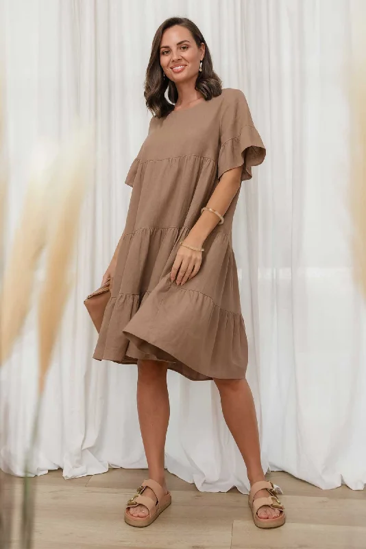 Azura Chocolate Linen Blend Tiered Dress Casual unclassified dresses