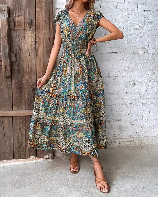 BAROQUE PAISLEY PRINT V NECK RUCHED CASUAL DRESS Silk unclassified dresses