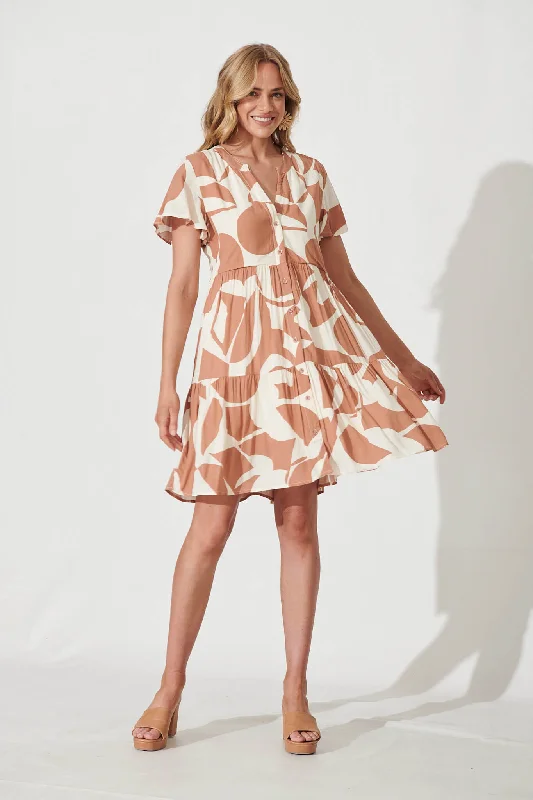 Beatrice Smock Dress In Tan With Cream Geometric Print Affordable unclassified dresses