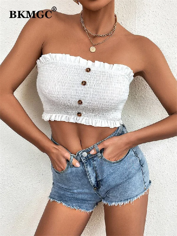 BKMGC White Vest Top Women Retro Solid Color Wood Ear Edge Elastic Strapless Top Casual Vest Summer Womenbar 2872 Striped unclassified dresses