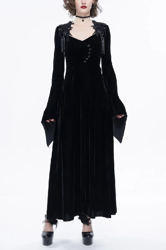 Black Embroidered Fringe Flared Sleeve Women's Gothic Dress Wrap unclassified dresses