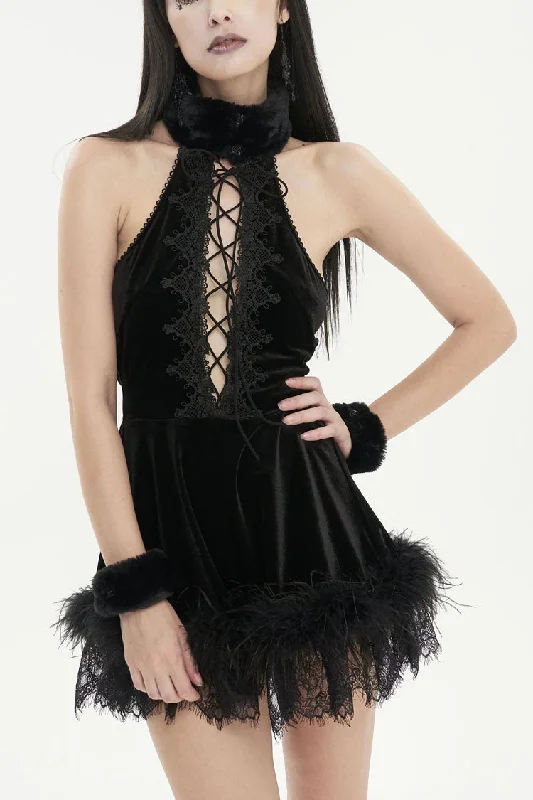 Black Halterneck Fluffy Splice Velvet Women's Gothic Dress Comfortable unclassified dresses