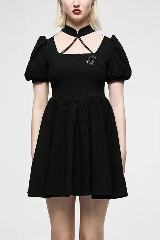 Black Halterneck Puff Sleeves Jacquard Women's Punk Dress Neutral tone unclassified dresses