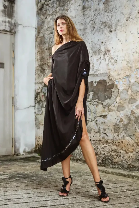 Black One Shoulder Kaftan With Sleeves Silk unclassified dresses