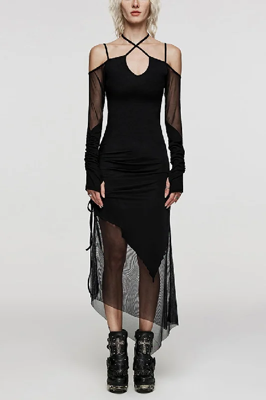 Black Skull Print Stitching Sheer Mesh Women's Gothic Dress One-shoulder unclassified dresses