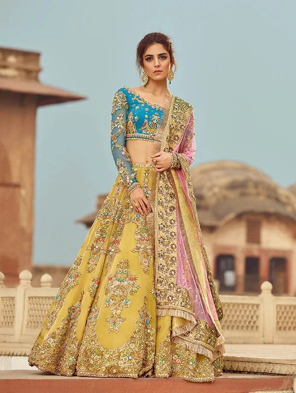 Blue And Golden Pakistani Bridal Lehnga Choli (Gul Bahar) Satin unclassified dresses