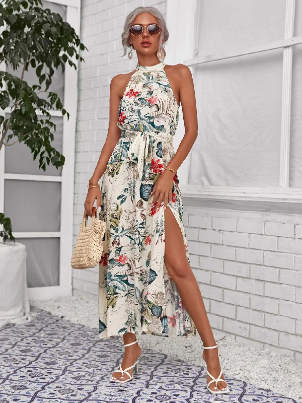 BOTANICAL PRINT HIGH SPLIT HEM SELF BELTED HALTER DRESS Designer unclassified dresses