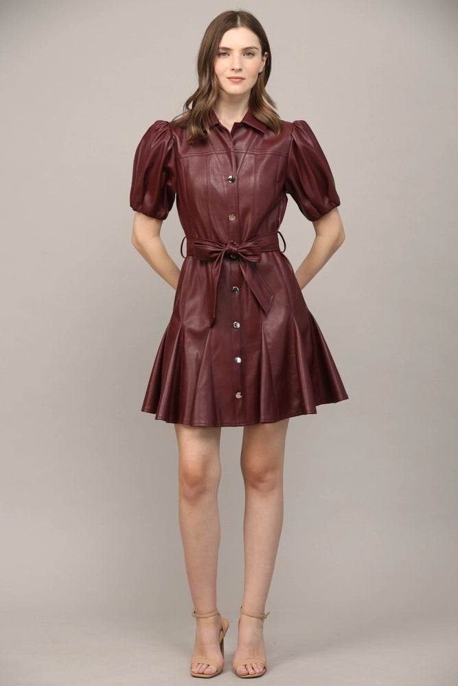 Burgundy Faux Leather Flare Dress Polka dot unclassified dresses